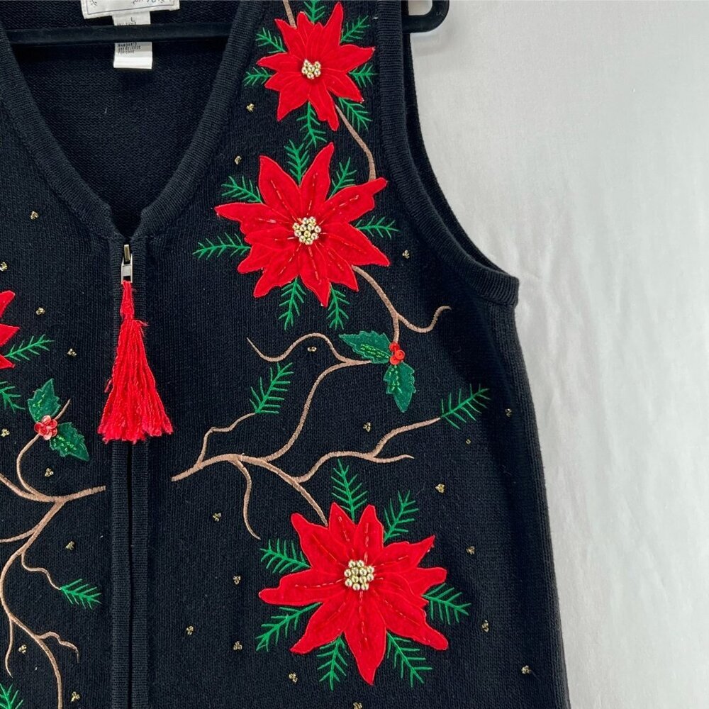 Sarah Bentley VTG Christmas Sweater Vest Sz L Poinsettia Beaded Tassel Black Red - Picture 5 of 10